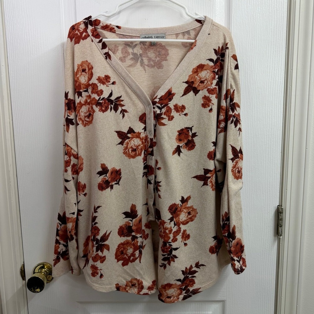 Absolutely Famous beige floral soft knit long sleeve button cardigan sweater 2X